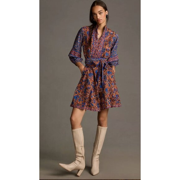 Anthropologie Sue Sartor Flounce Shorty Dress Belted Size Large